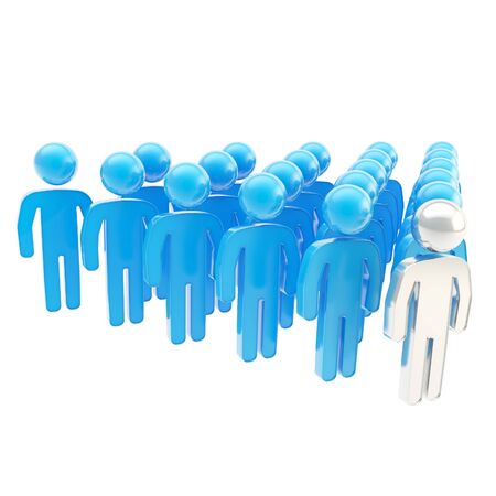 Leadership conception metaphor as a crowd of symbolic human figures with a leader ahead, composition isolated on white backgroundの写真素材