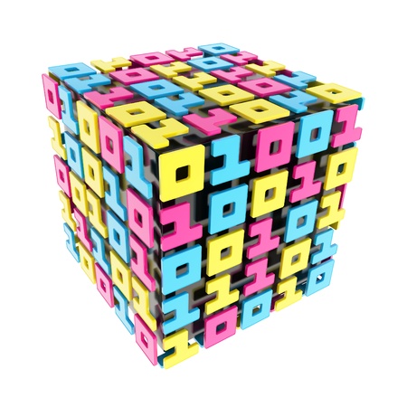 IT Technology and cybernetics: dimensional cube made of ones and zeros isolated on whiteの写真素材