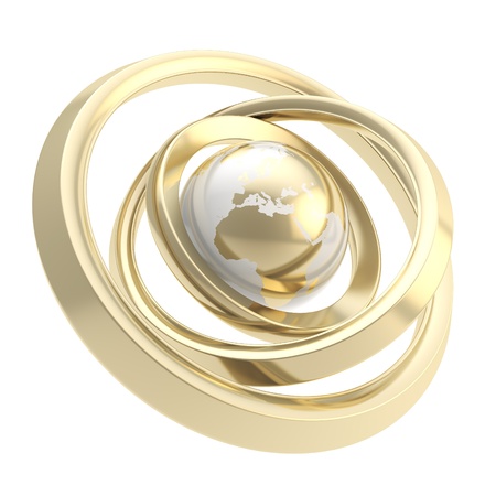 Business connections around the world  Earth globe golden emblem icon inside shiny metal ring torus hoops isolated on white backgroundの写真素材
