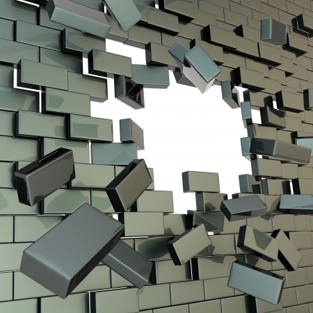 Broken into pieces black glossy brick wall with a copyspace hole in centerの写真素材