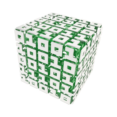 Computer science and cybernetics  dimensional cube made of ones and zeros isolated on whiteの写真素材