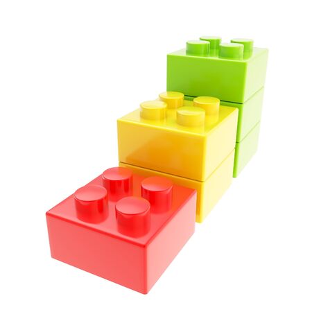 Three step stair made of toy construction brick blocks isolated on whiteの写真素材