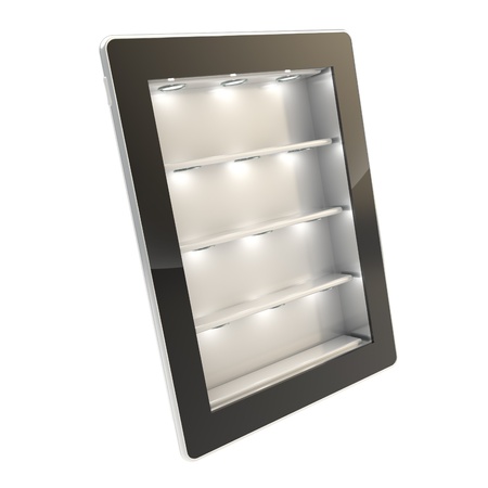 Black glossy tablet pad electronic device with empty copyspace backlighted showcase window with...