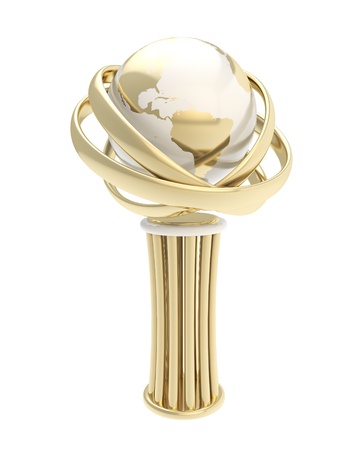 Award prize shiny golden metal statuette cup with earth globe inside isolated on white backgroundの写真素材