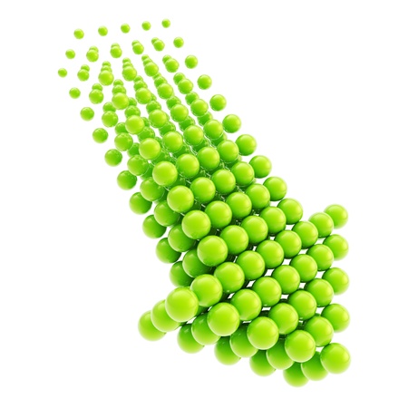 Arrow emblem green glossy icon as upload, download or direction sign, made of spheres isolated on white backgroundの写真素材