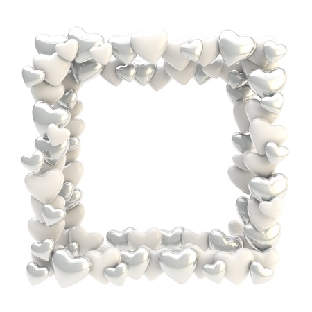 Square photo frame made of silver chrome cute glossy hearts isolated on white backgroundの写真素材