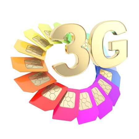 3G golden emblem surrounded with circuit microchip SIM cardS isolated on white backgroundの写真素材