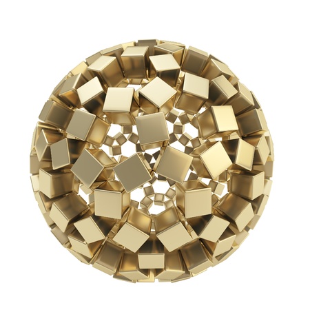 Abstract sphere composition made of golden glossy cubes isolated on white backgroundの写真素材