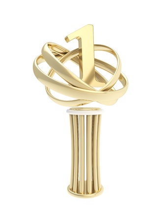 Award first place prize shiny golden metal statuette cup isolated on white backgroundの写真素材