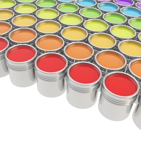 Buckets full of rainbow colored oil paint over white backgroundの写真素材