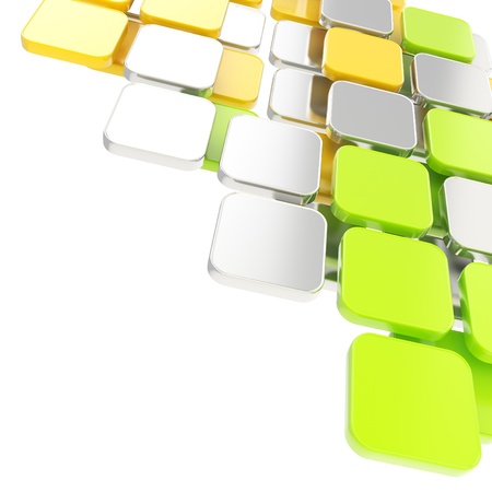 Abstract copyspace glossy chrome metal, green and yellow plate composition background over white with the space for your textの写真素材