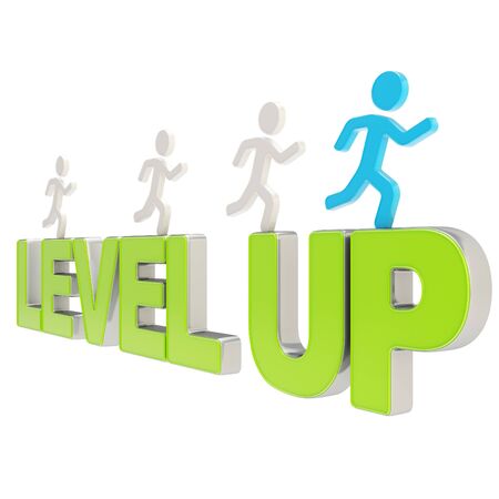 Run for the Level up conception  group of human symbolic figures running over the green word isolated on white backgroundの写真素材