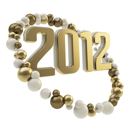 Year two thousand and thirteen golden emblem surrounded with christmas ball frame isolated on white...