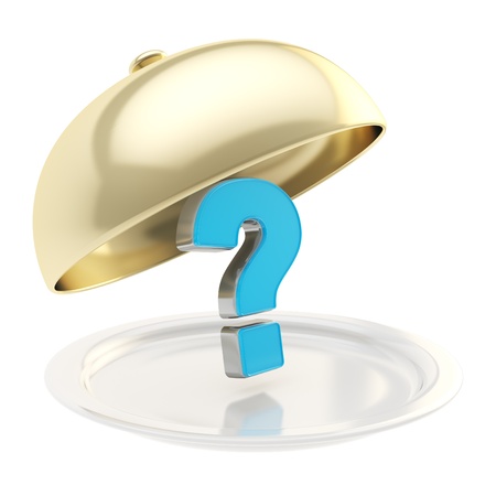 Blue question mark on salver plate under the golden food cover isolated on whiteの写真素材