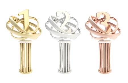 Award first, second, third place prize shiny golden, silver, bronze metal statuette cup isolated on...