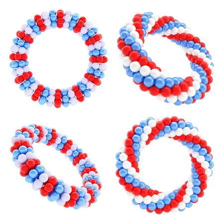 Set of four round circle ring frames made of blue and red spheres isolated over white background