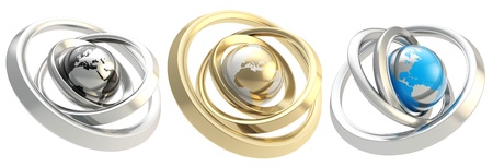 Earth globe black and chrome emblem icon inside the metal ring torus hoops isolated on white background, set of threeの写真素材