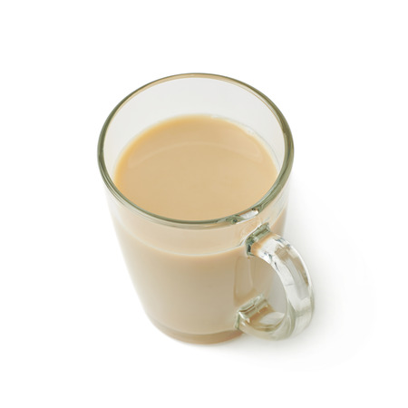 Glass mug filled with coffee milk latte or cappuccino isolated over the white backgroundの写真素材