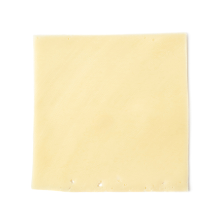 Single rectangle shaped slice of cheese isolated over the white backgroundの写真素材