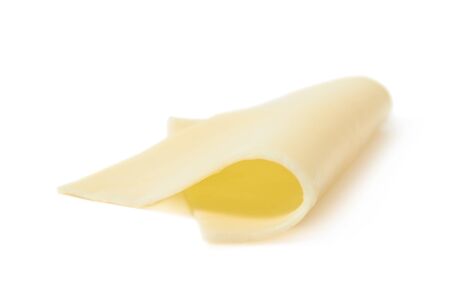 Bent slice of cheese isolated over the white backgroundの写真素材