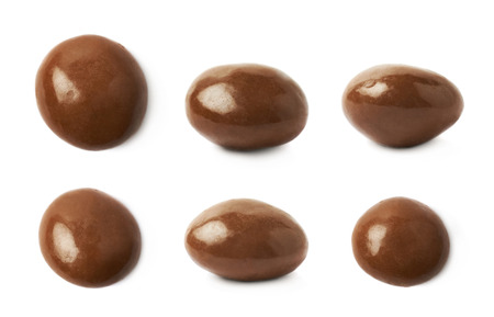 Chocolate glazed nut candy isolated over the white background, set of six different foreshorteningsの写真素材