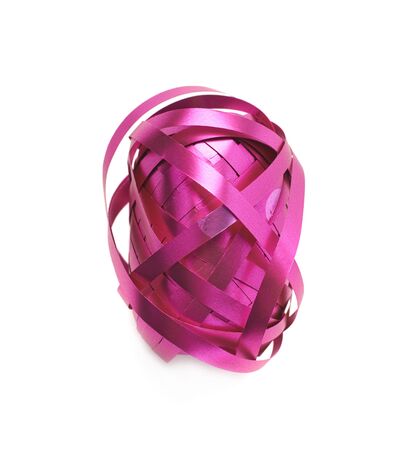 Glossy purple pink ribbon reel partly unwrapped, composition isolated over the white backgroundの写真素材