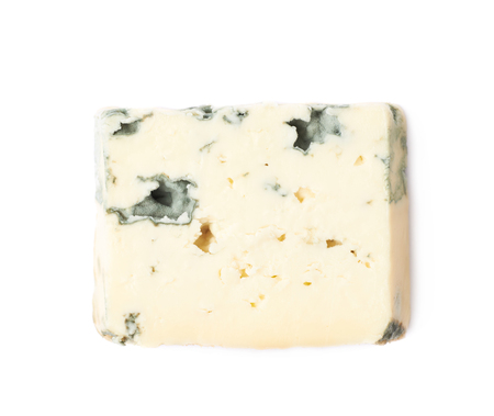 Single slice of a blue roquefort cheese isolated over the white backgroundの写真素材