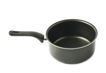 Teflon coated black sauce pan isolated over the white backgroundの写真素材