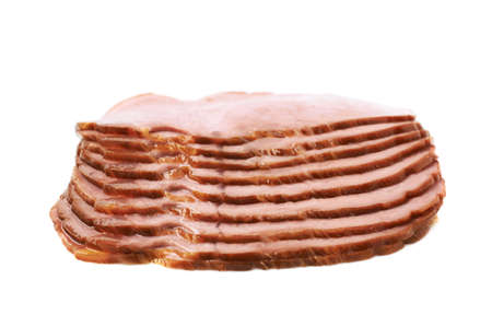 Pile of multiple ham slices isolated over the white backgroundの写真素材