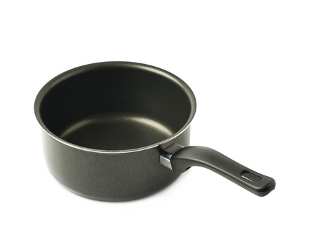 Teflon coated black sauce pan isolated over the white backgroundの写真素材