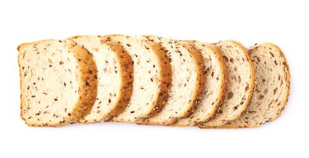 Sliced white bread's loaf with seeds isolated over the white backgroundの写真素材