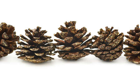 Decorational pine cones covered with the golden glitter and arranged in a row line, composition...