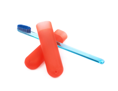 Toothbrush and case box holder composition, isolated over the white backgroundの写真素材