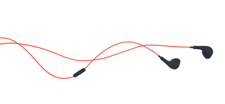 Pair of red headphones isolated over the white background, close-up crop fragmentの写真素材
