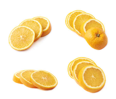 Orange fruit cut in multiple slices, composition isolated over the white background, set of four...