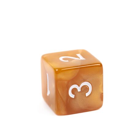 Roleplaying orange polyhedral gaming plastic dice cube isolated over the white background