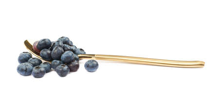 Golden spoon full of bilberries isolated over the white backgroundの写真素材