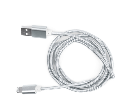 Folded USB lightning silver metal cable isolated over the white background