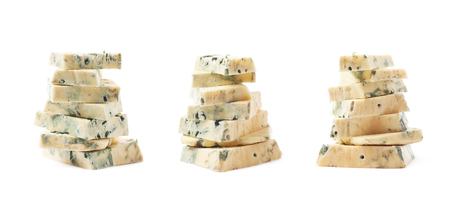 Pile of blue cheese slices isolated over the white background, set of three different foreshorteningsの写真素材