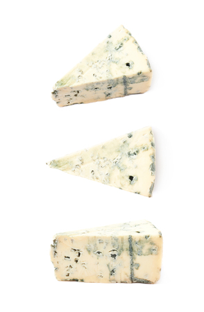 Blue roquefort cheese isolated over the white background, set of three different foreshorteningsの写真素材