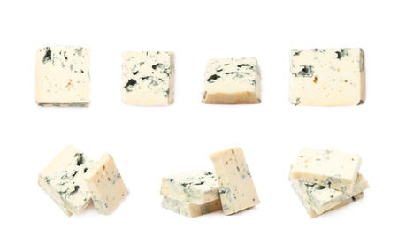 Composition of a blue cheese slices isolated over the white background, set of seven different foreshorteningsの写真素材