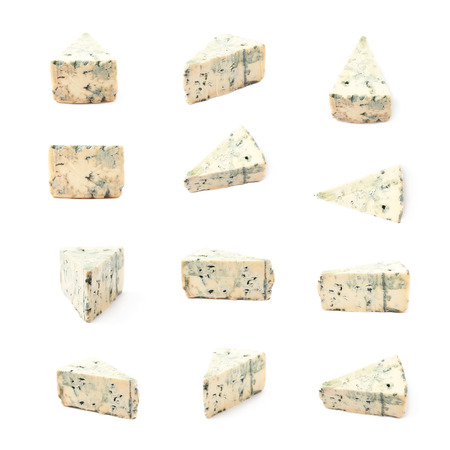 Blue roquefort cheese isolated over the white background, set of multiple different foreshorteningsの写真素材