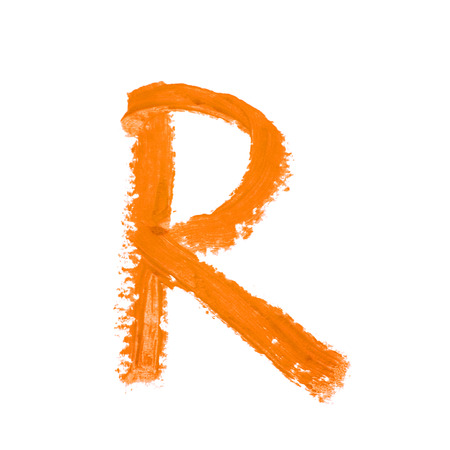 Single abc latin letter R symbol drawn with a wax crayon isolated over the white backgroundの写真素材