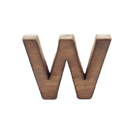 Single sawn wooden letter W symbol coated with paint isolated over the white backgroundの写真素材