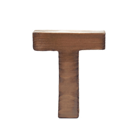 Single sawn wooden letter T symbol coated with paint isolated over the white backgroundの写真素材