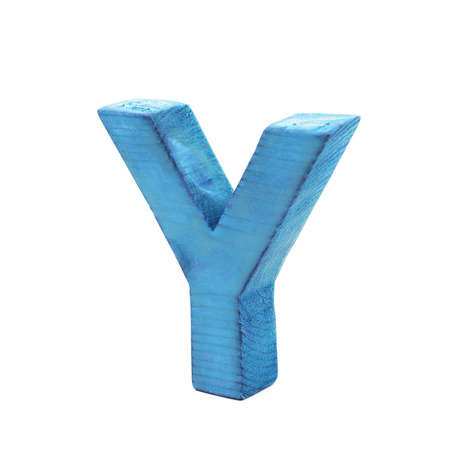 Single sawn wooden letter Y symbol coated with paint isolated over the white backgroundの写真素材