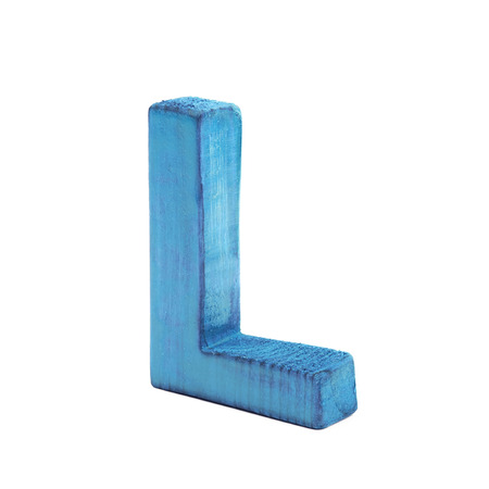 Single sawn wooden letter L symbol coated with paint isolated over the white backgroundの写真素材