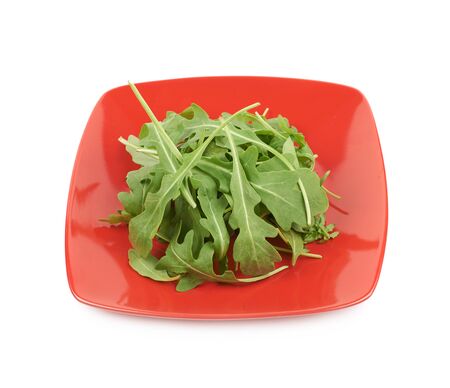 Red ceramic plate full of rocket salad leaves isolated over the white backgroundの写真素材