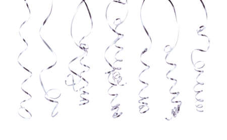 Curly and glossy ribbon isolated over the white background, set collection of seven diffirent foreshorteningsの写真素材