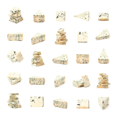 Set of multiple blue roquefort cheese compositions isolated over the white backgroundの写真素材